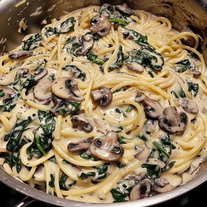 Vegan Creamy Spinach & Mushroom Spaghetti